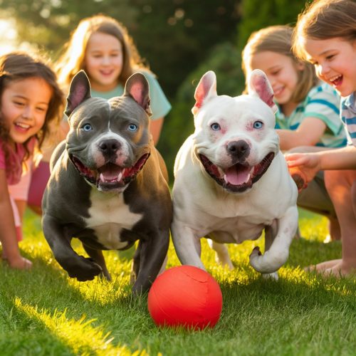 Crianças brincando com American Bully